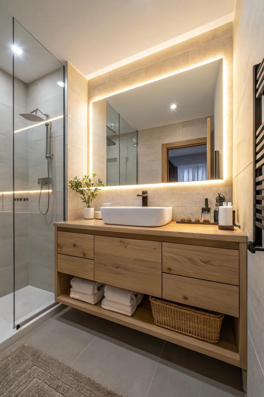 A bathroom featuring a floating vanity with a light wood finish and elegant under glow lighting.