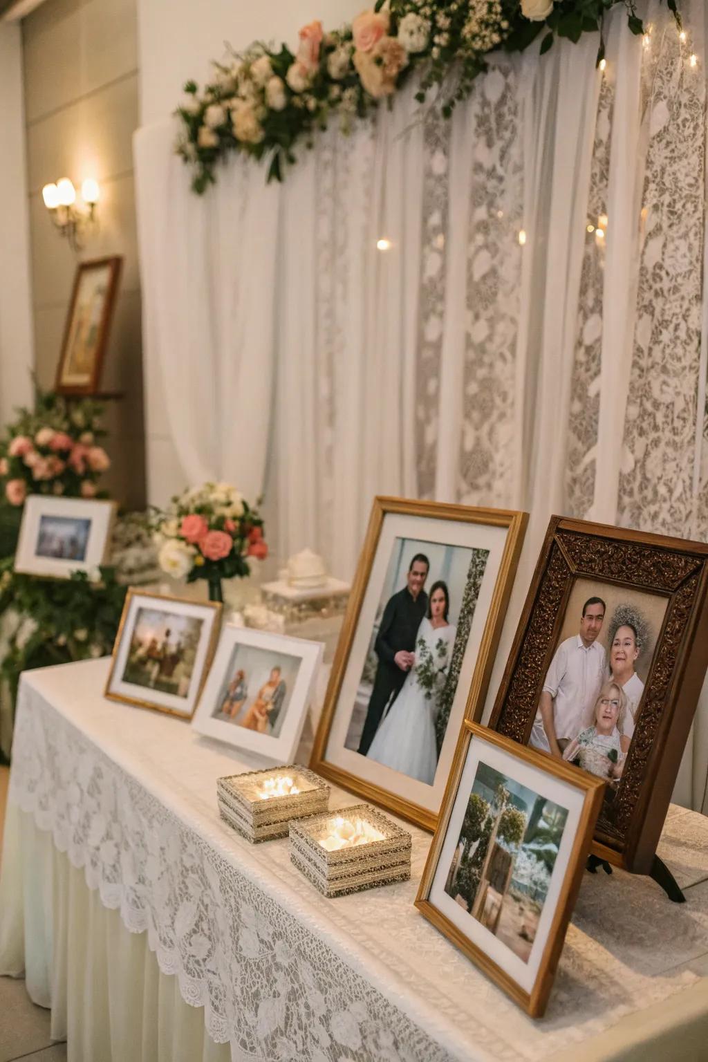 Framed photos beautifully displayed at a memorial table.