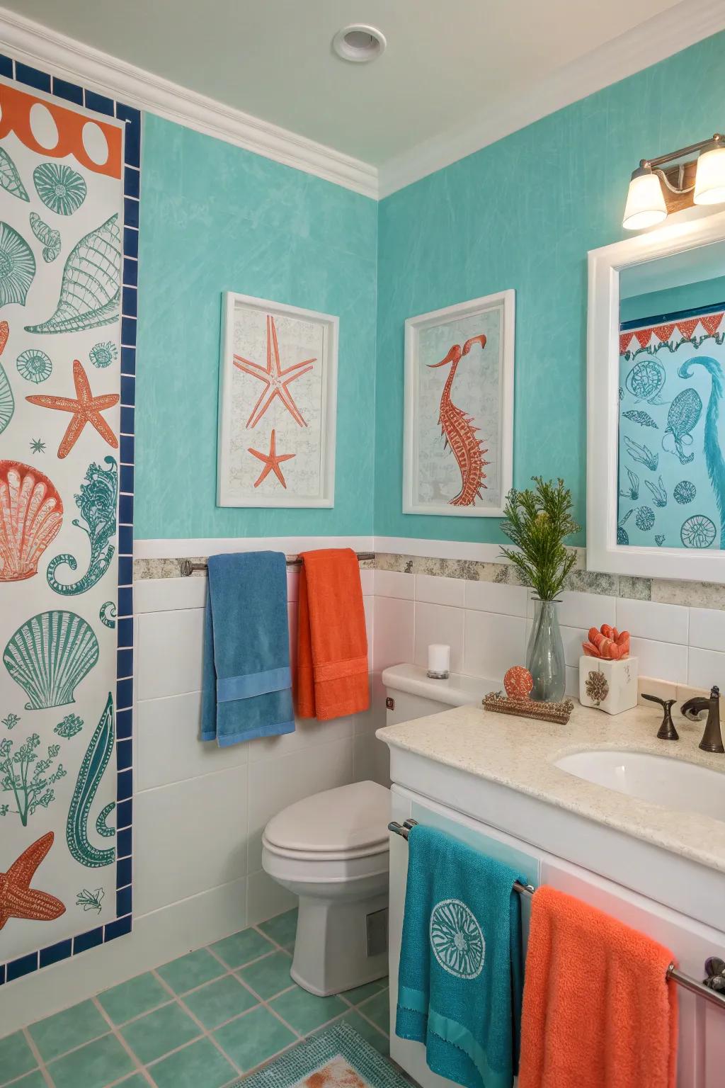 A bathroom transformed with calming oceanic hues and coral accents.