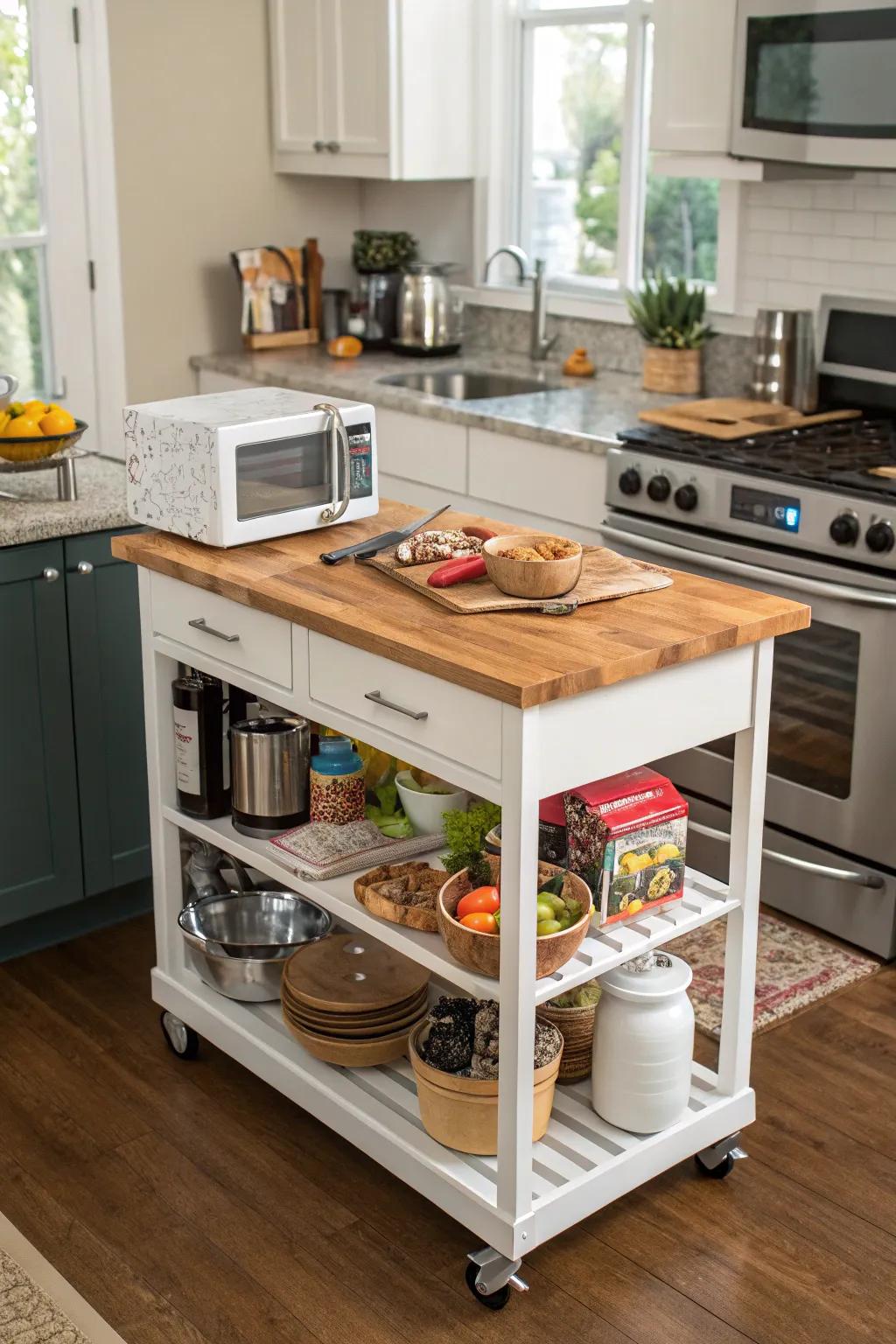 A versatile microwave cart doubling as a kitchen island.