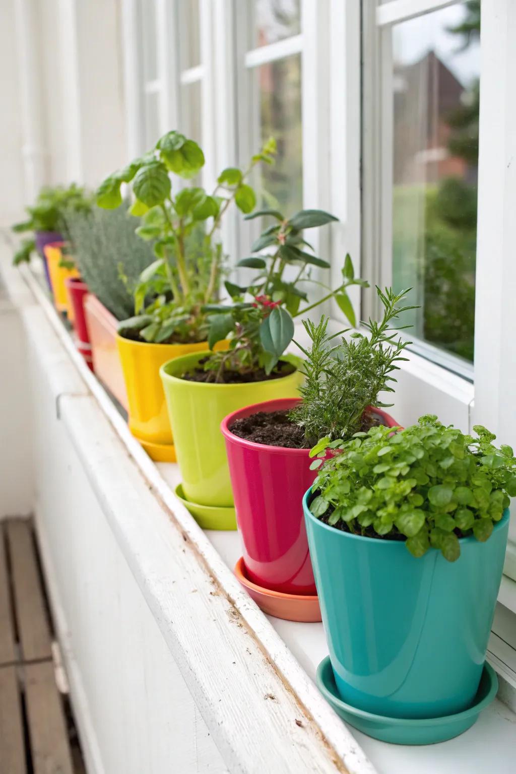 A collection of colorful tiny pots filled with lush greenery on a windowsill.