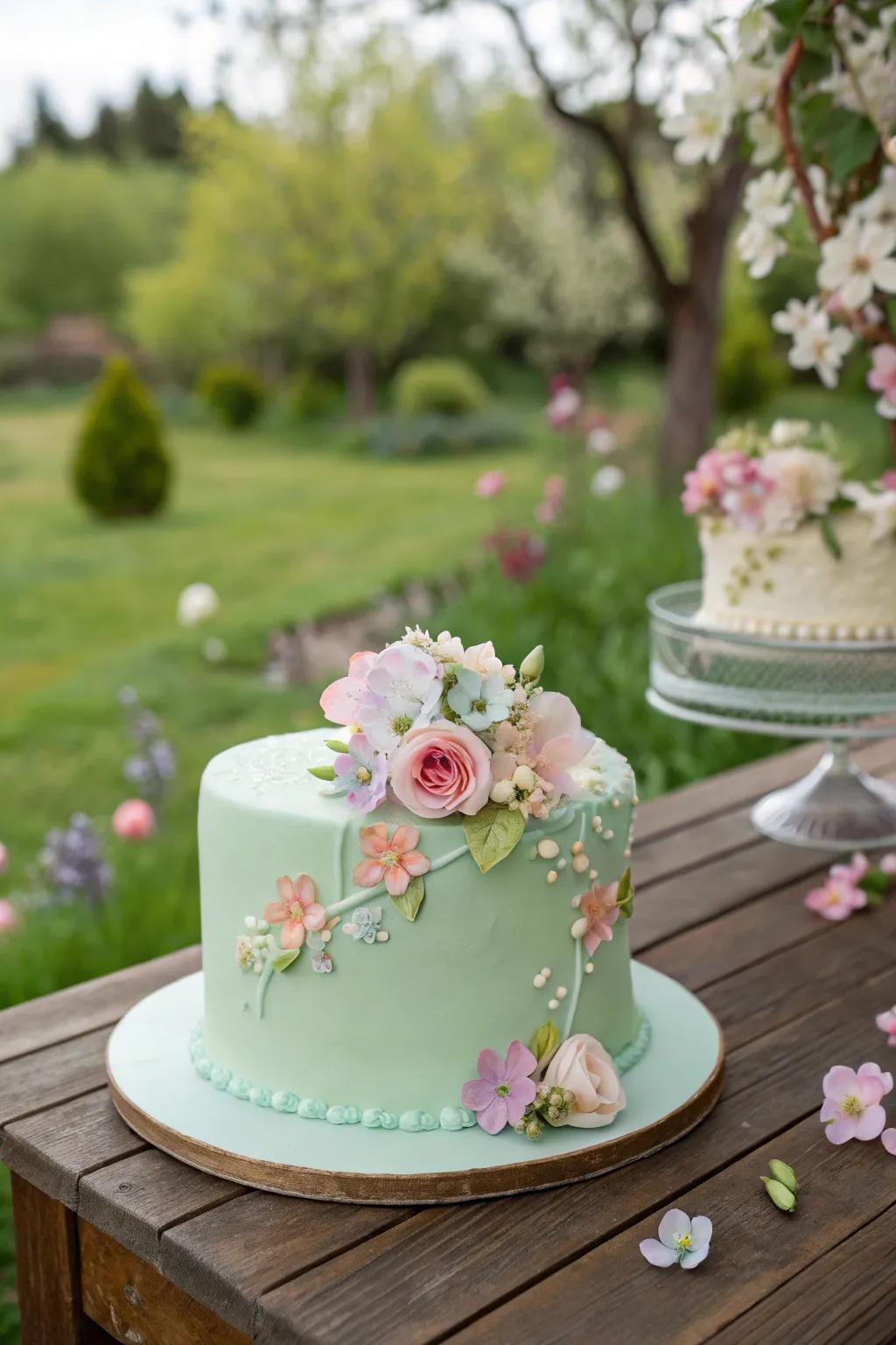 A mint green cake elegantly decorated with edible floral accents.