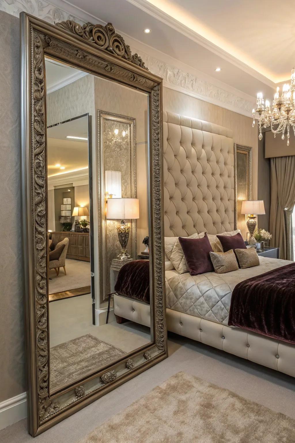 A bold statement mirror adds drama and elegance to your bedroom.