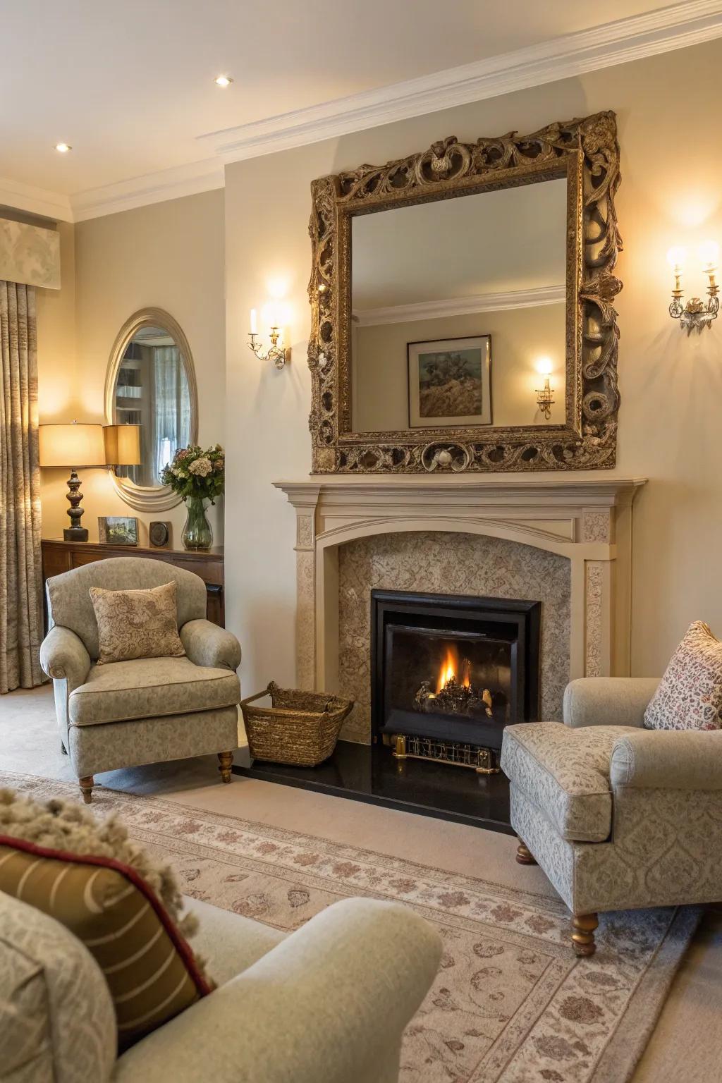 A large wall mirror transforms this living room into a stylish haven.