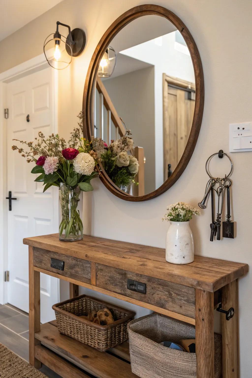 A cozy entryway with a round mirror and rustic shelf for everyday essentials.