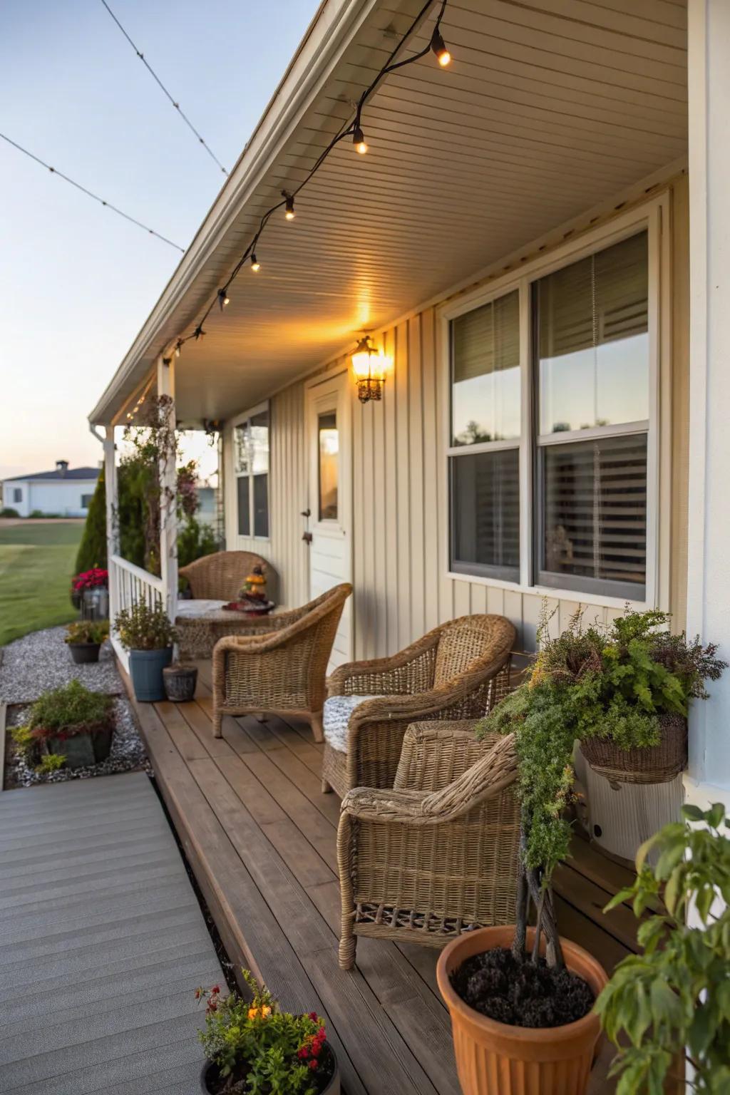 A cozy porch with wicker chairs and potted plants attached to a mobile home, perfect for relaxation.