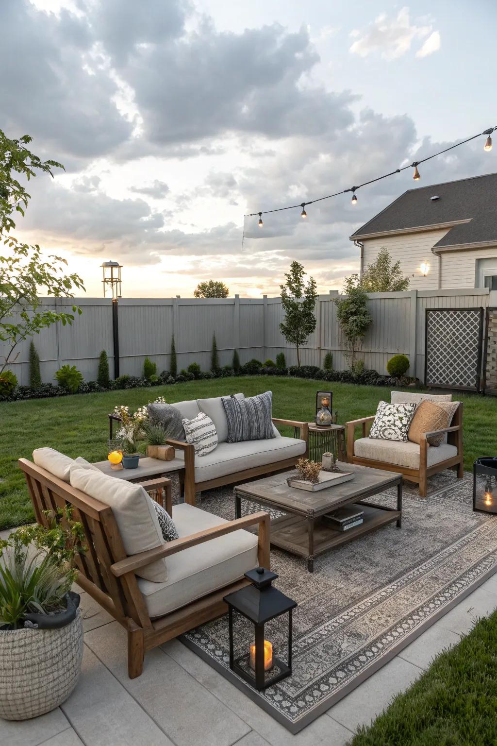 A cozy outdoor living room with vibrant seating in a modern backyard.