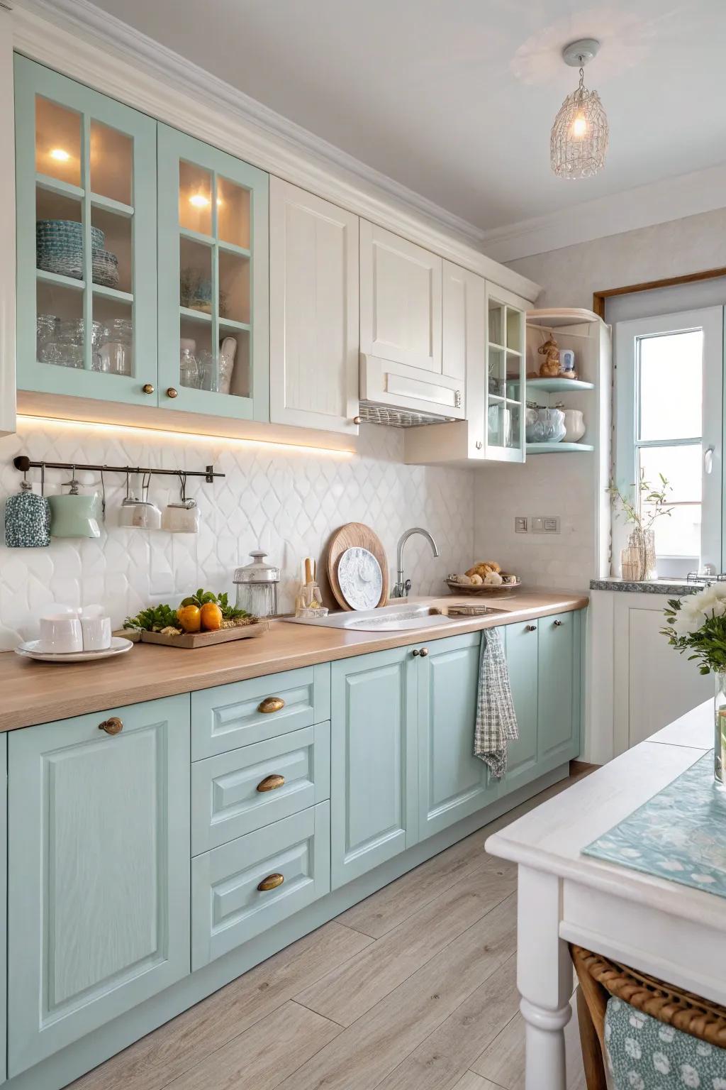 A coastal kitchen with a soothing palette of whites and blues.