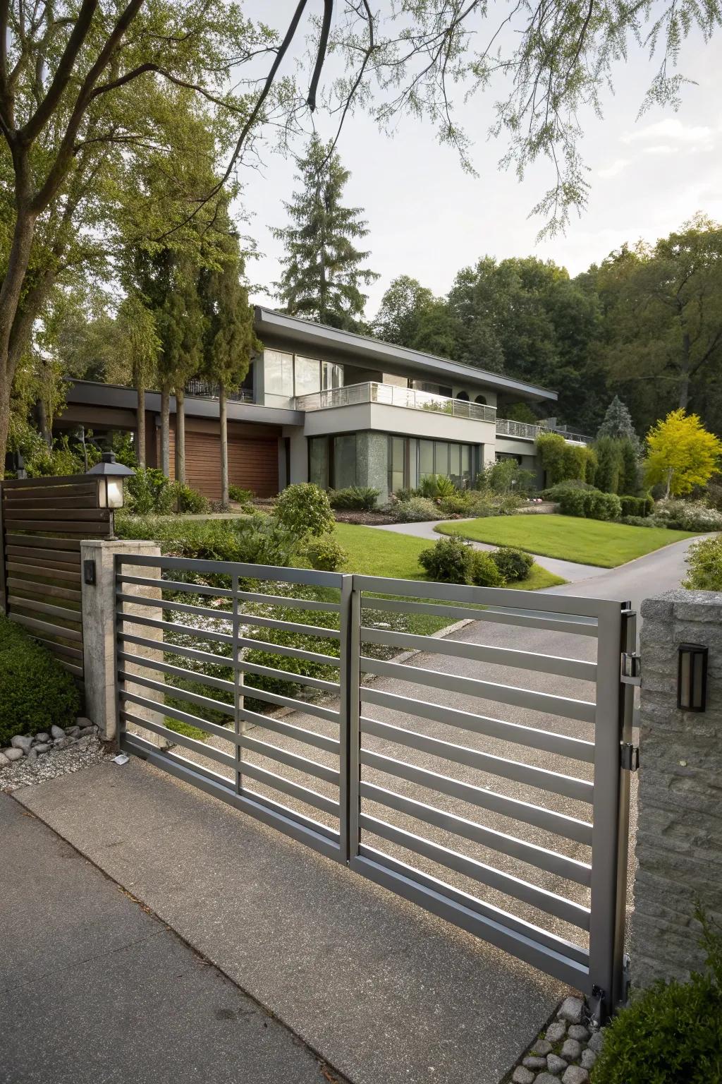 Horizontal slats offer a sleek and modern touch to any driveway entrance.