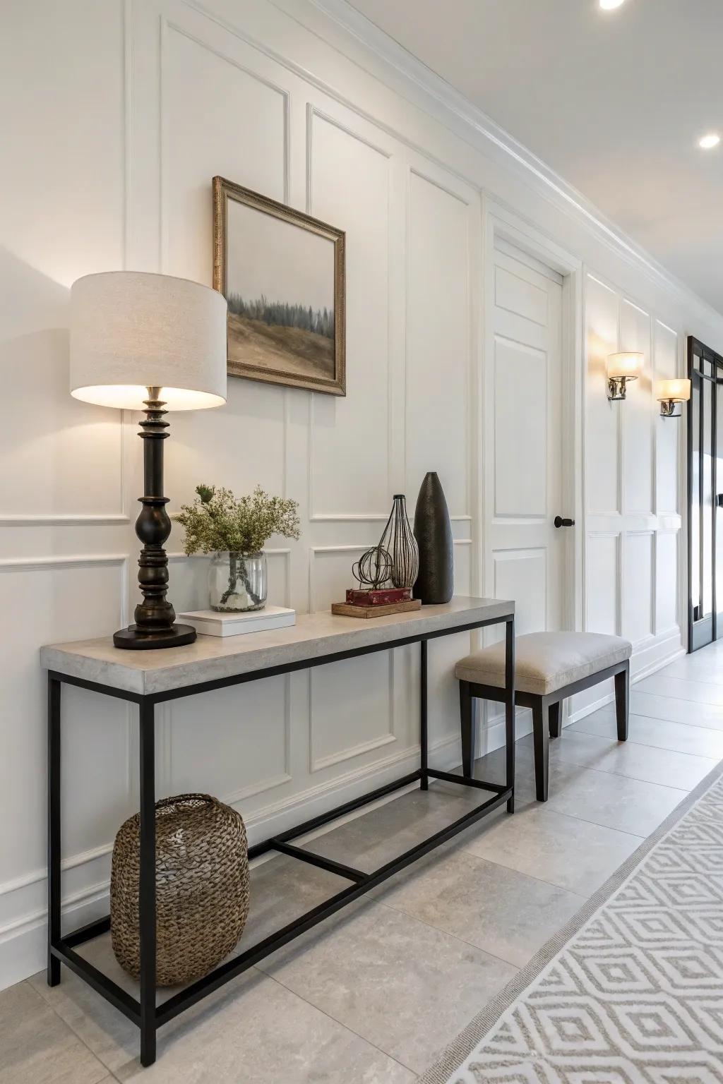 A minimalist entryway featuring sleek furniture and a clean design.