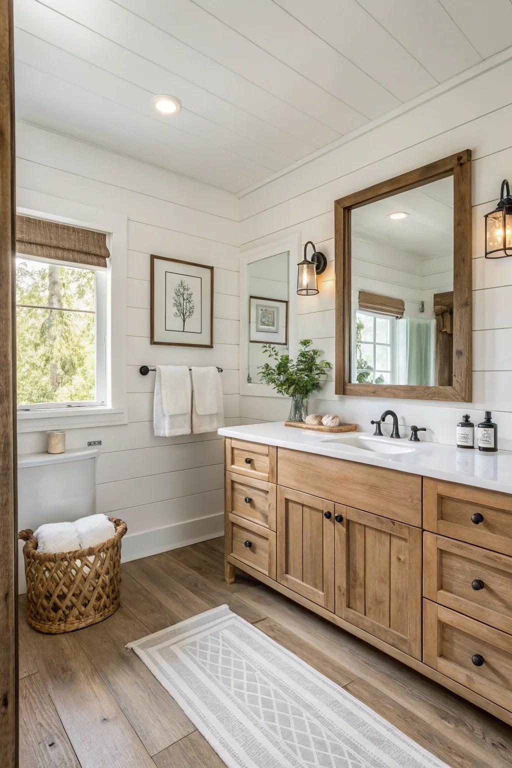 Neutral tones set a calming atmosphere in this farmhouse bathroom.