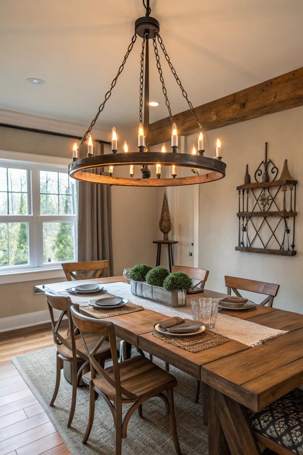 A rustic metal chandelier adds character to any dining room.