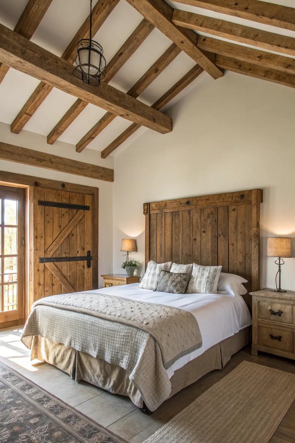 Natural materials like wood bring warmth and authenticity to a modern farmhouse bedroom.