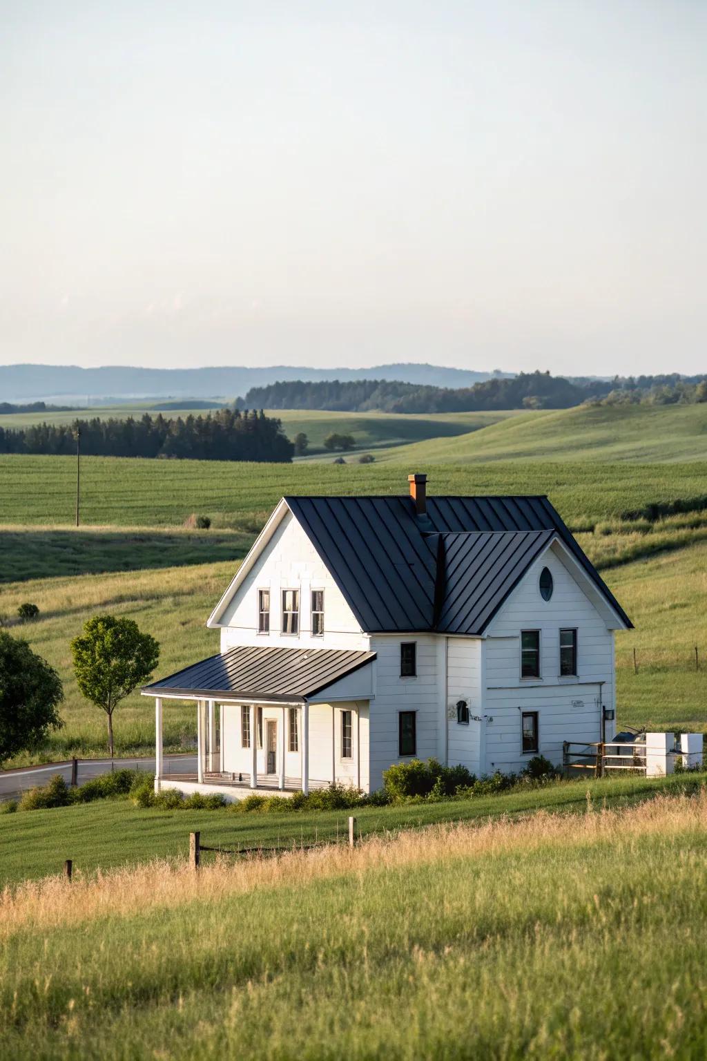 Crisp contrast: A white farmhouse meets a sleek black metal roof.