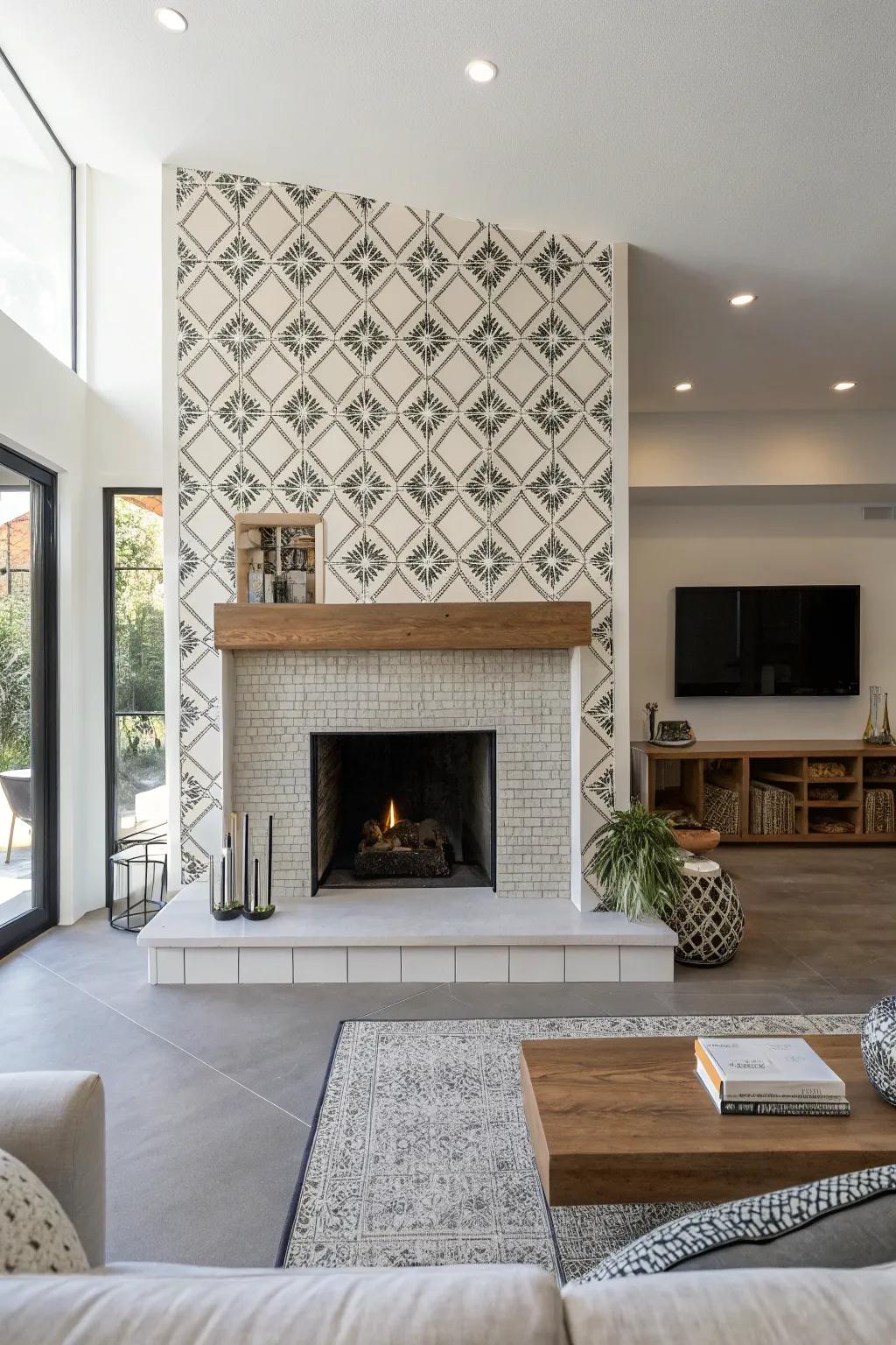 Minimalist fireplace with geometric tile design.