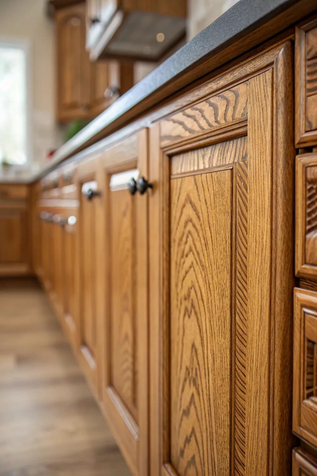 The natural grain of oak cabinets adds depth and character to any kitchen.