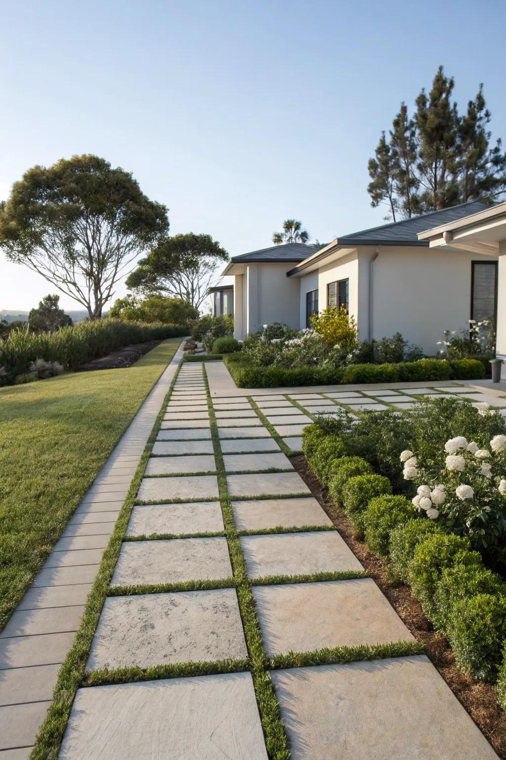 A modern front yard featuring large pavers forming a clean and minimalist pathway.