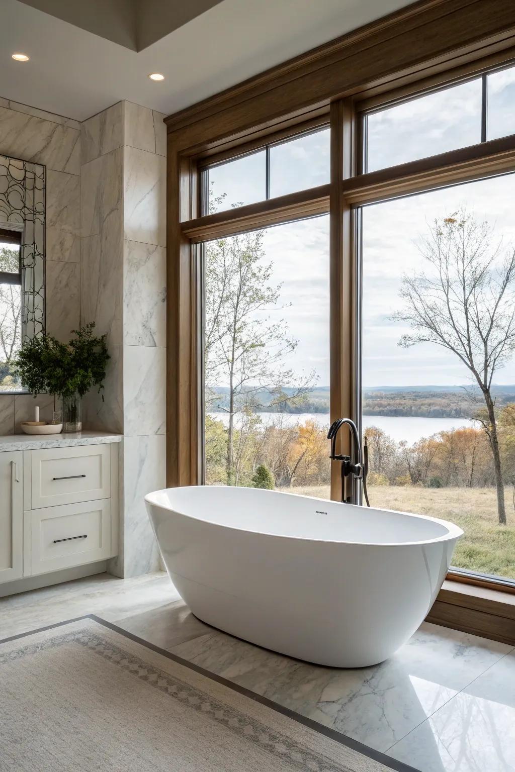 A freestanding tub serves as the focal point in this modern bathroom.