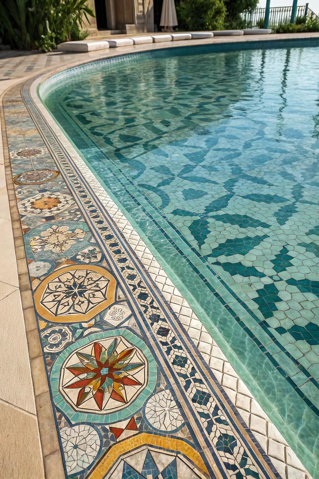 Geometric mosaics create a sophisticated look for your pool.