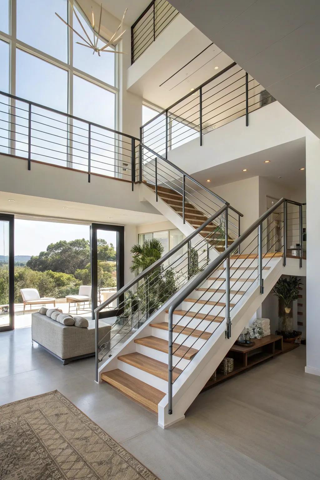 Minimalist metal railings creating an airy feel in a modern home.