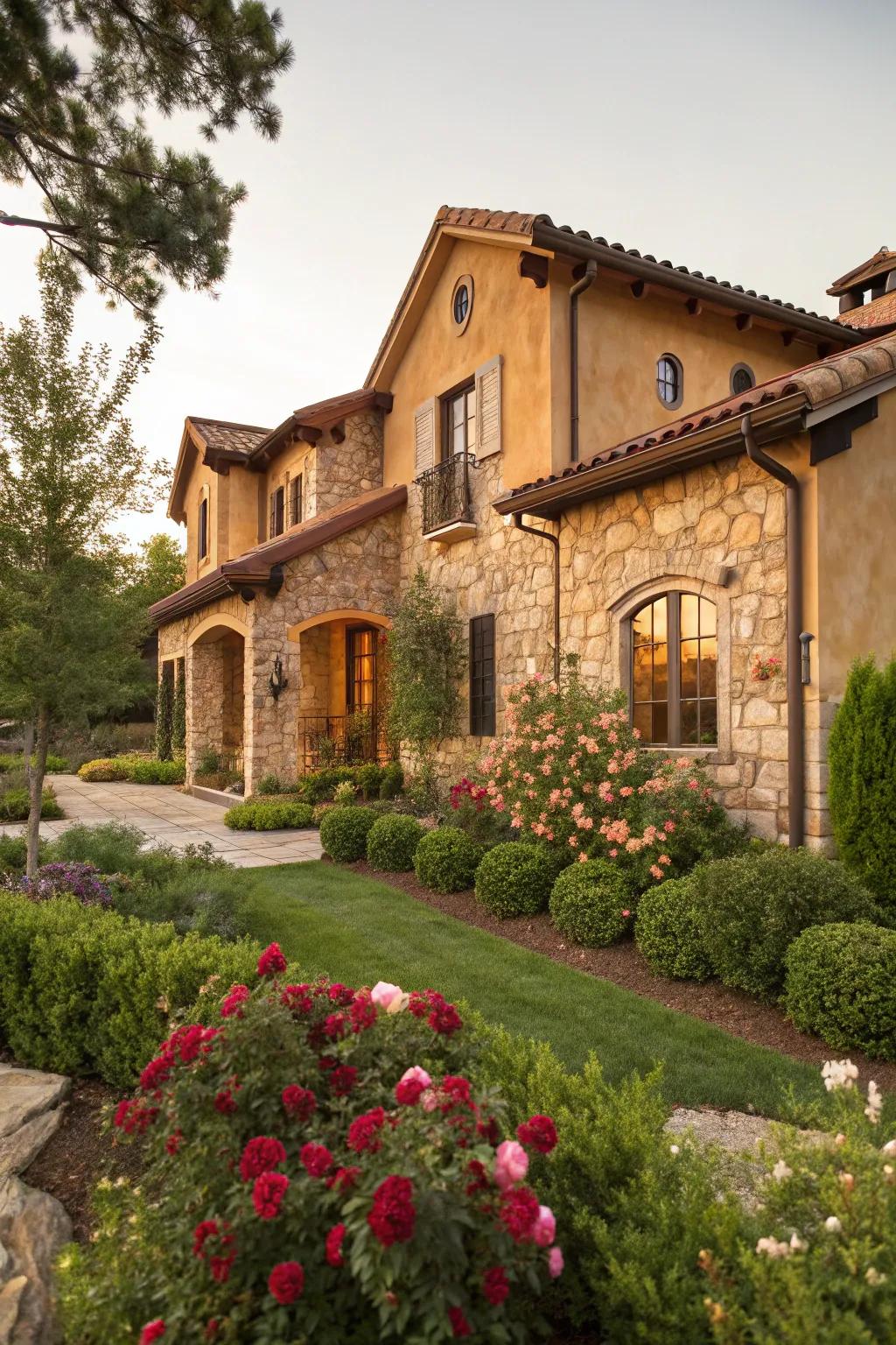 Stucco home featuring warm beige and stone accents.