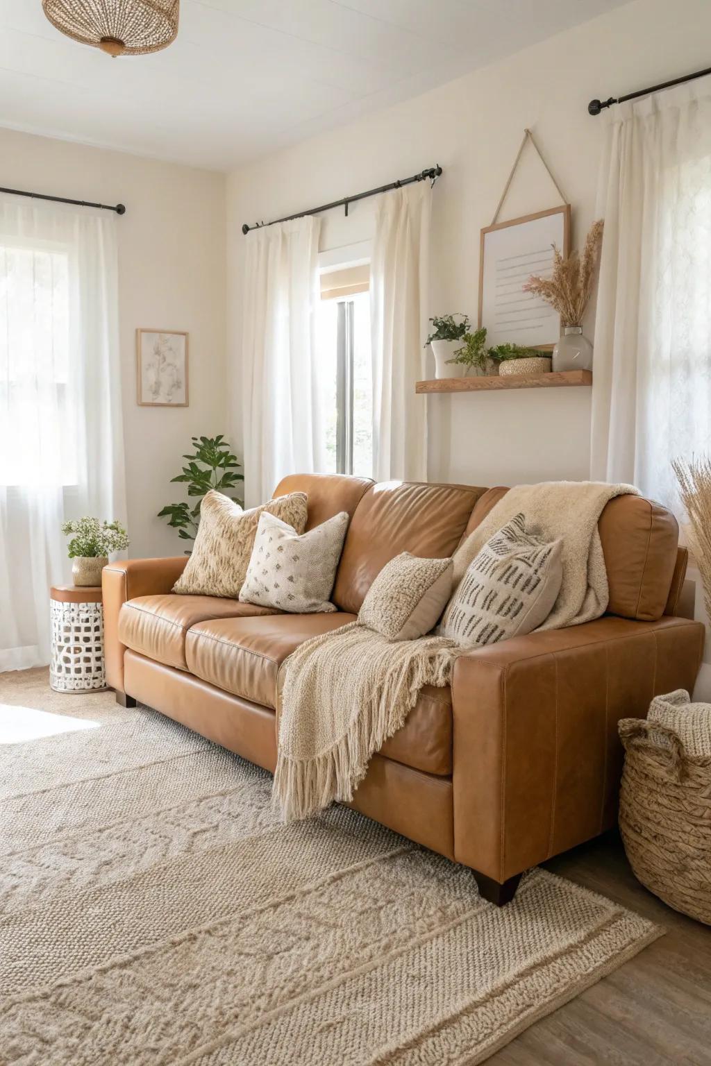 A peaceful living room with a tan leather sofa and neutral tones.