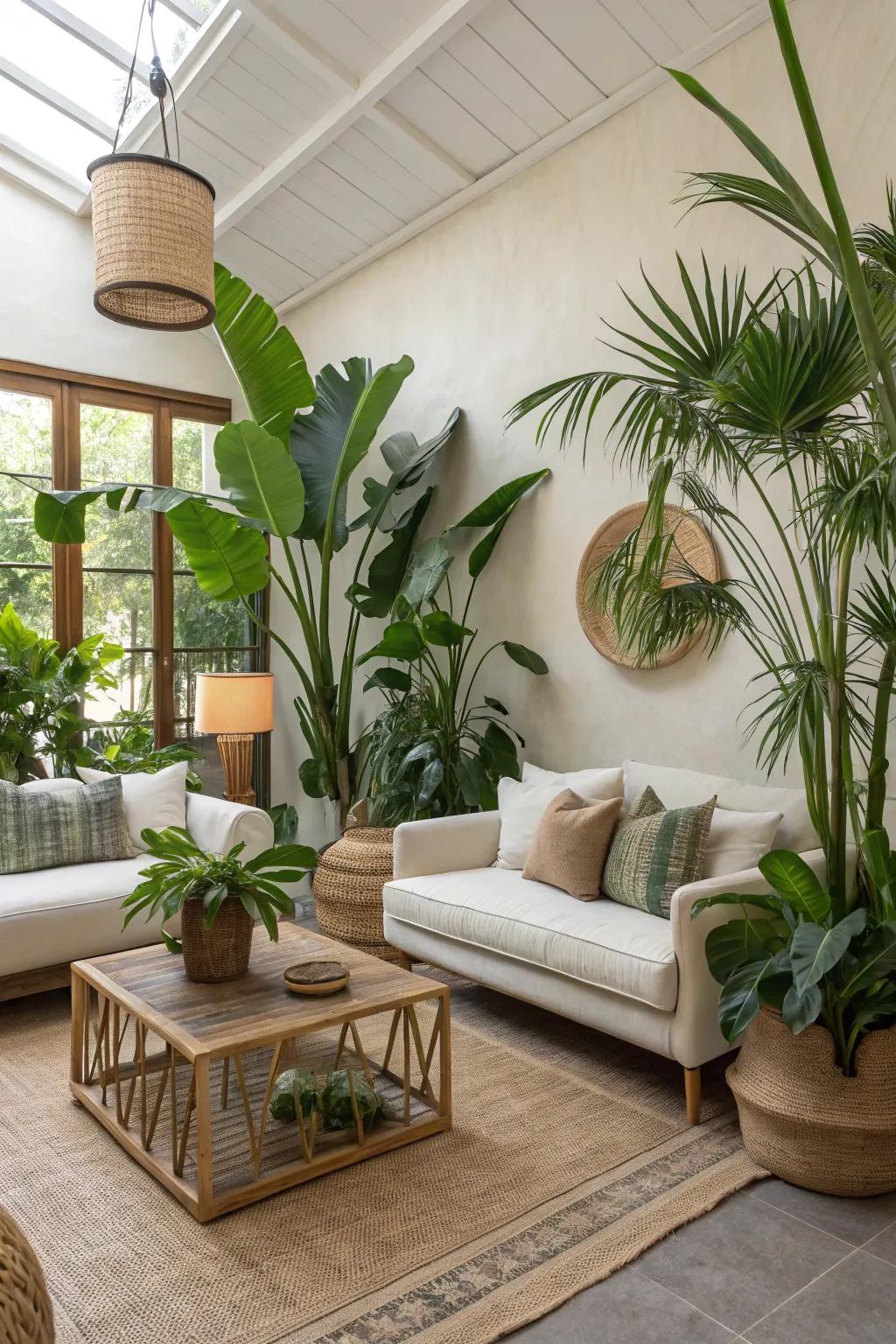 A modern tropical living room featuring lush greenery and minimalist decor.