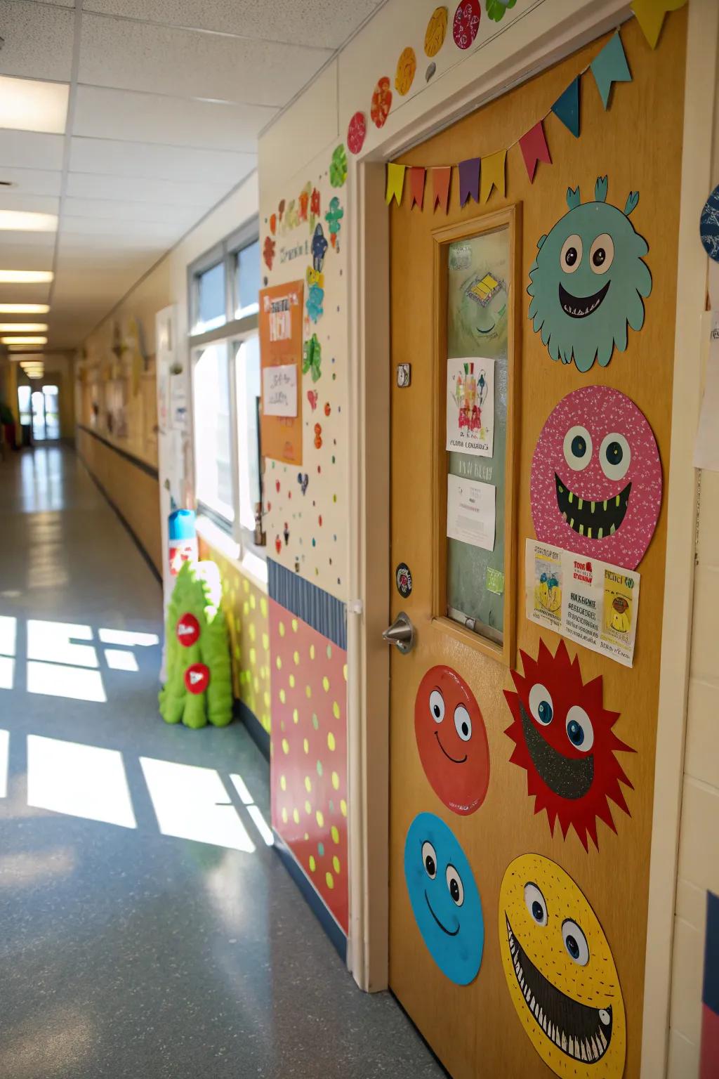 A monster-themed door display that warmly welcomes students into the classroom.