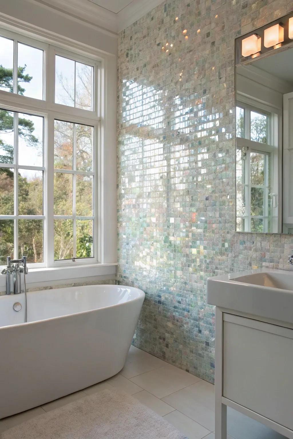 A mother of pearl accent wall adds a touch of luxury and tranquility to any bathroom.