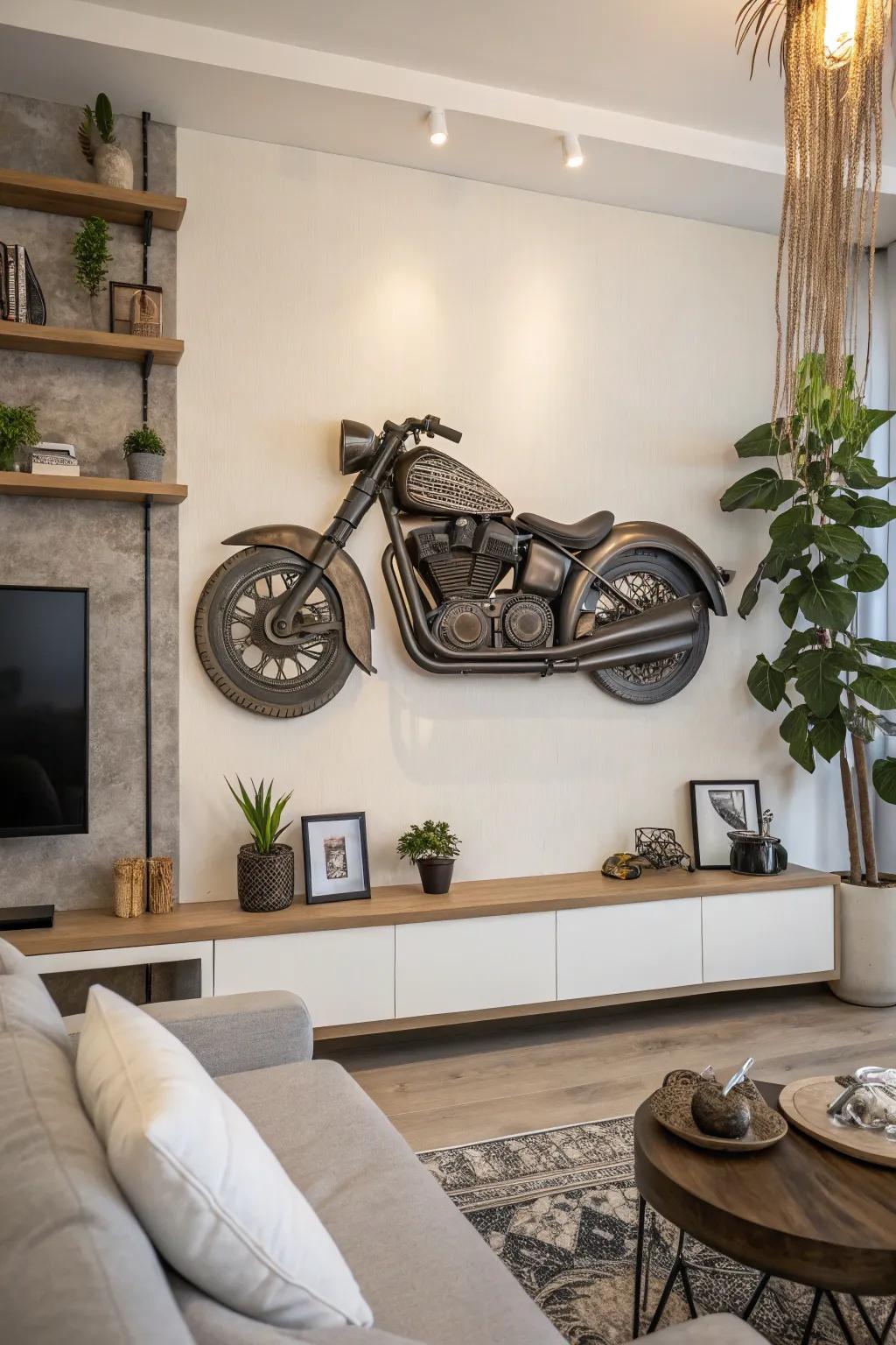 A striking 3D motorcycle sculpture as wall art.