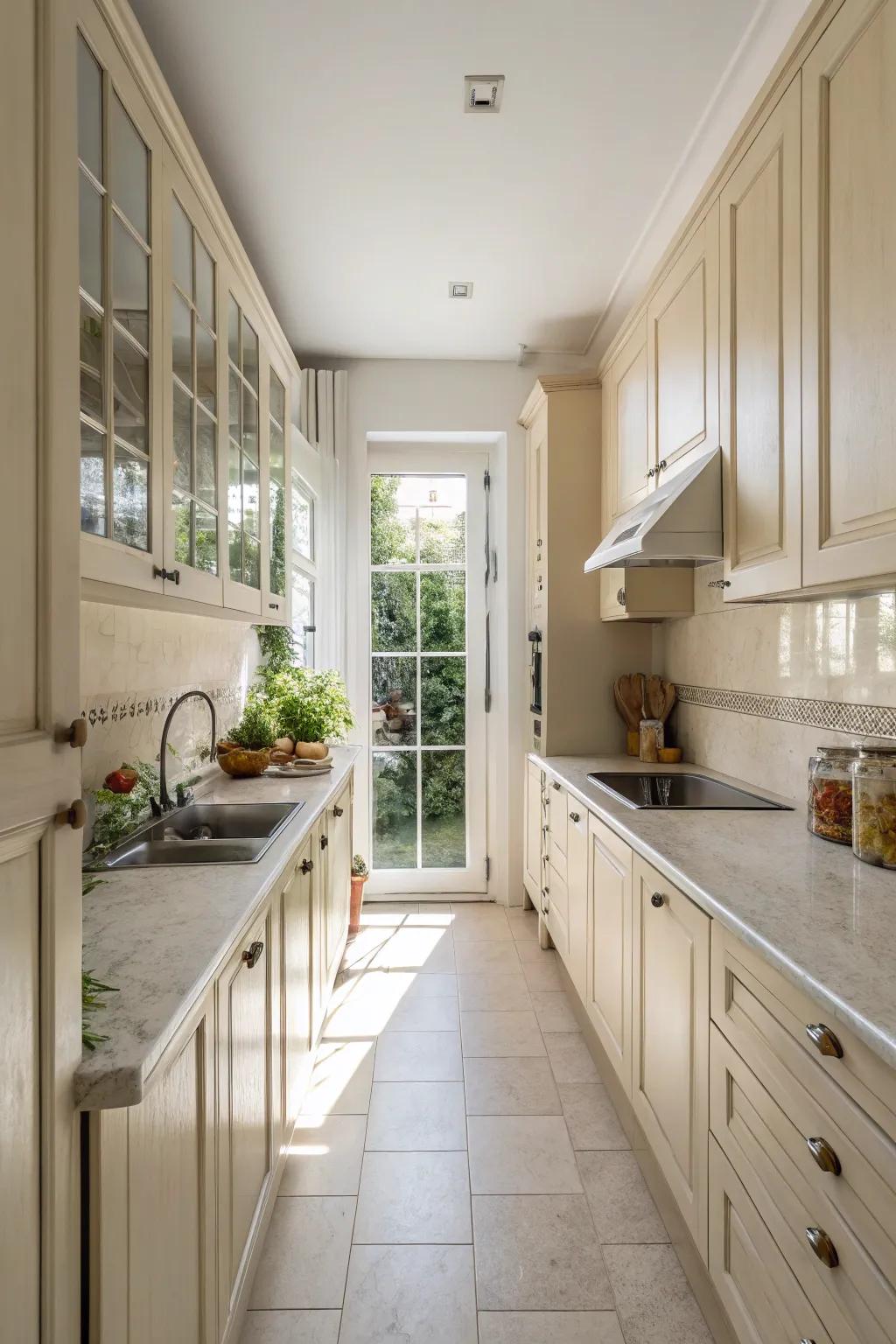 Using light colors to create a spacious feel in a narrow kitchen.