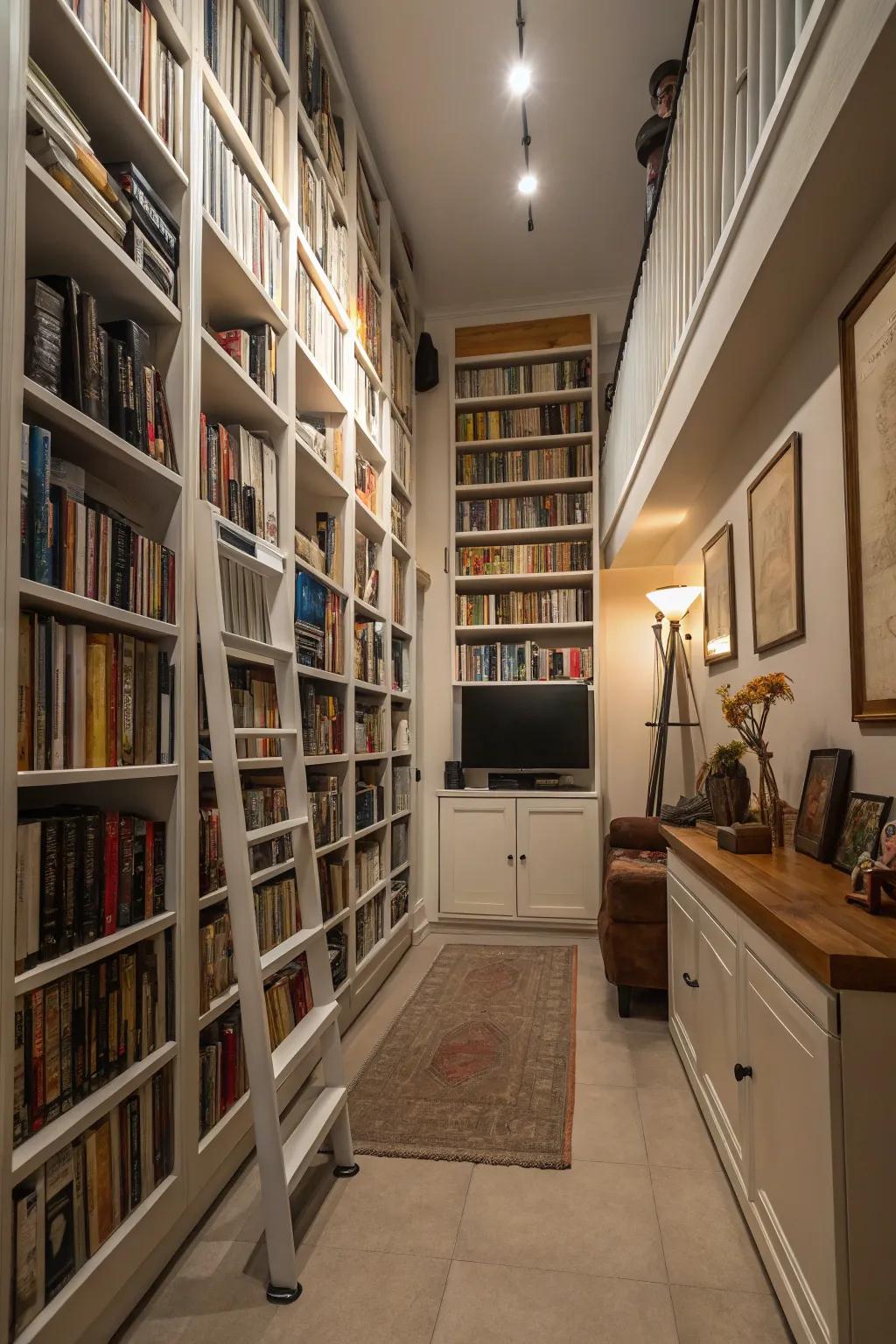 Utilizing vertical space with tall bookshelves in a narrow living room.