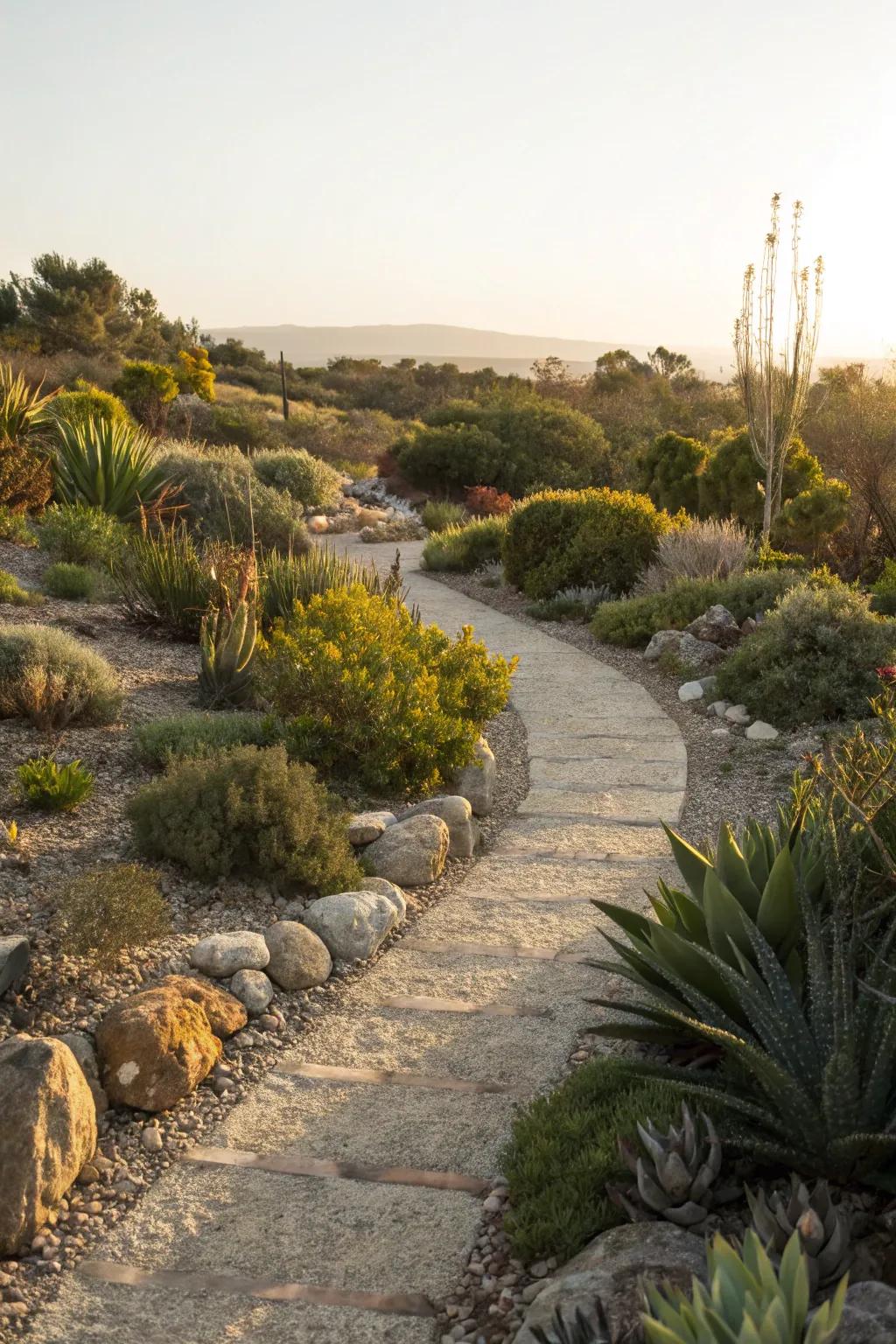 A low-maintenance stone and gravel pathway surrounded by succulents.