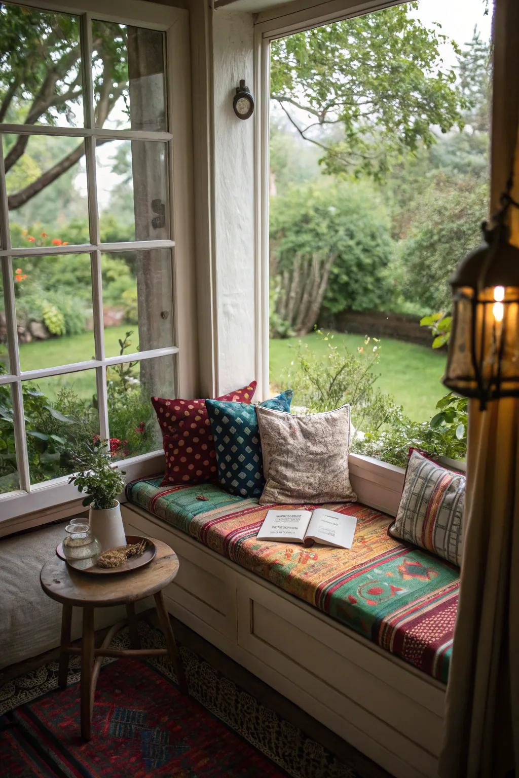 Transform a window seat into a charming nook with vibrant cushions and garden views.