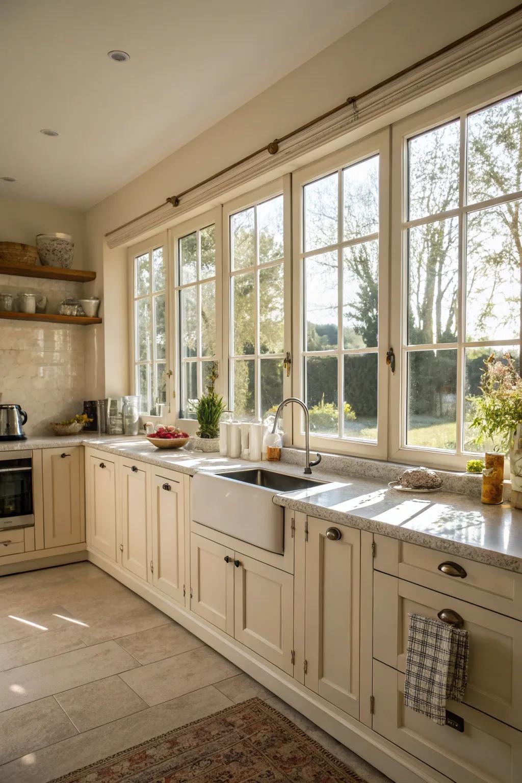 Natural light beautifully complements off-white cabinets.