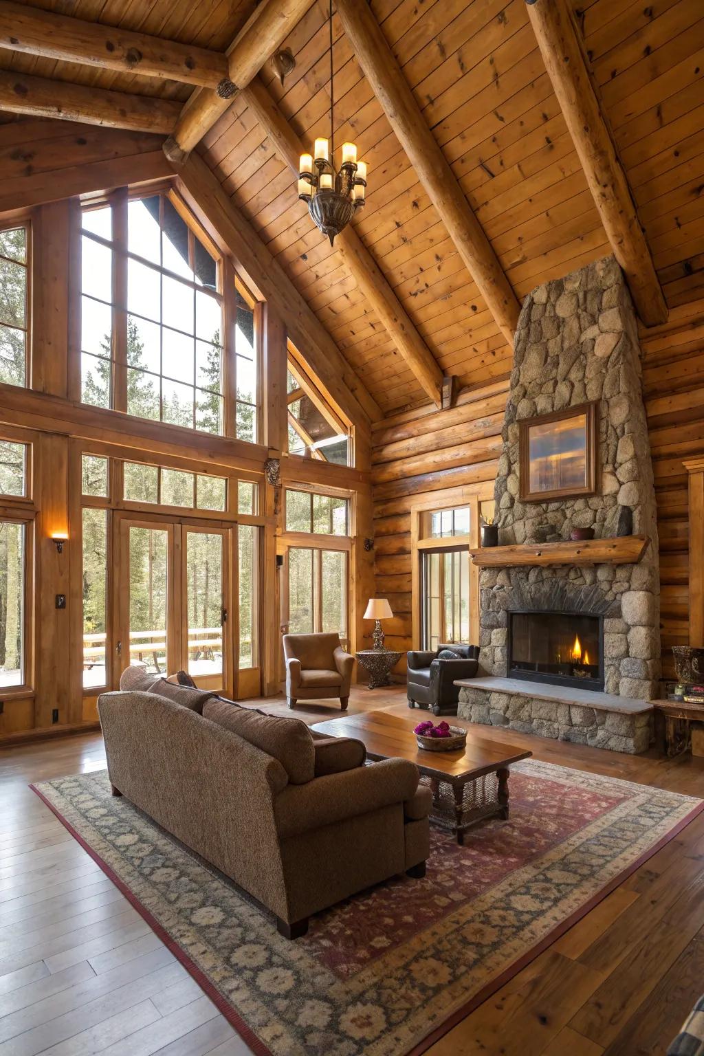 Rustic lodge interior with beautiful wooden paneling and exposed wooden beams.