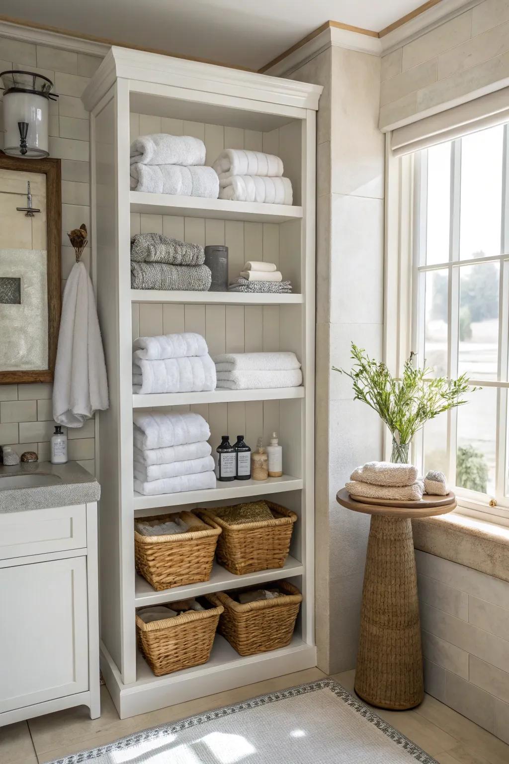 Tall open shelving makes the most of vertical space in a bathroom.