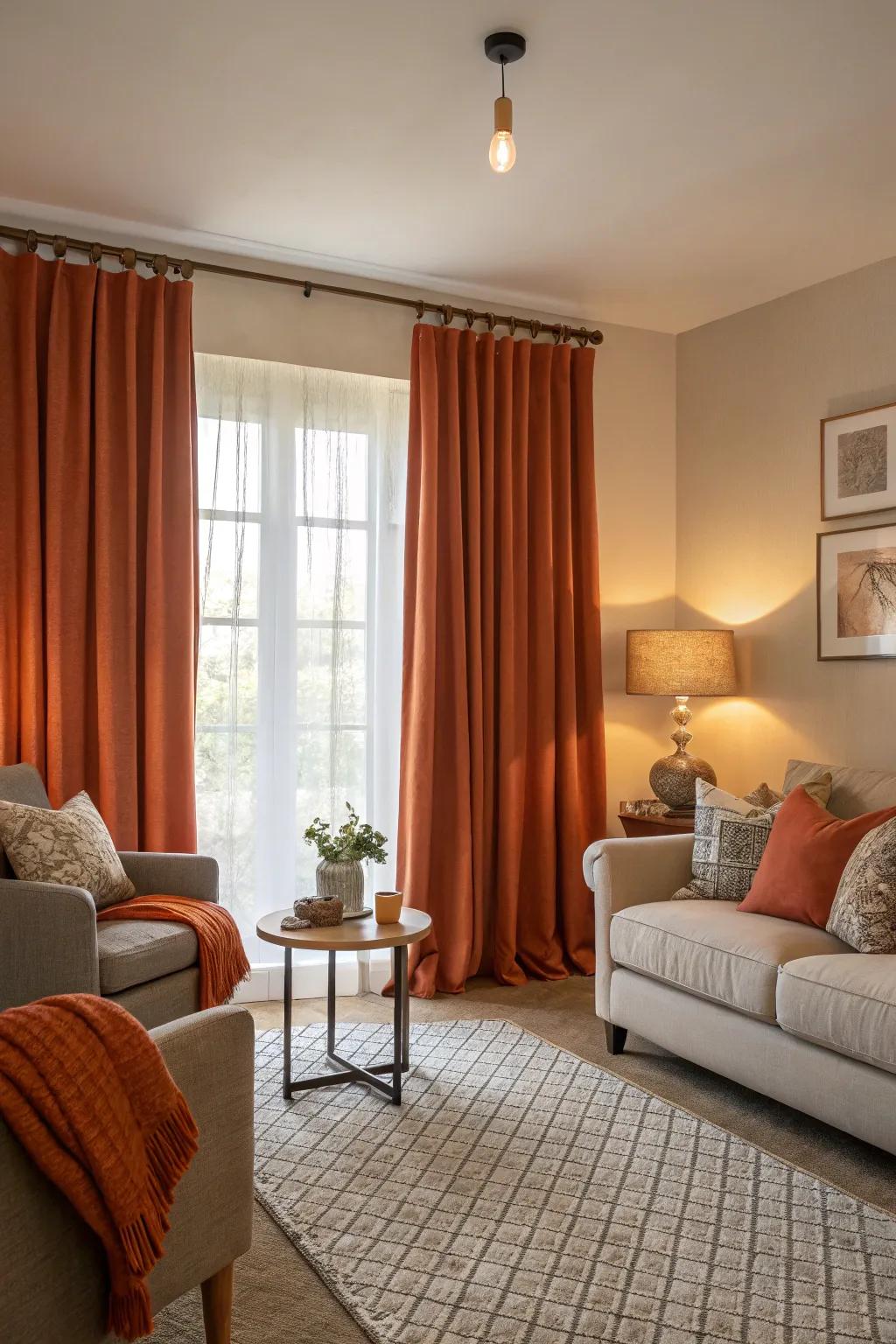 Burnt orange curtains adding a cozy and sophisticated touch.