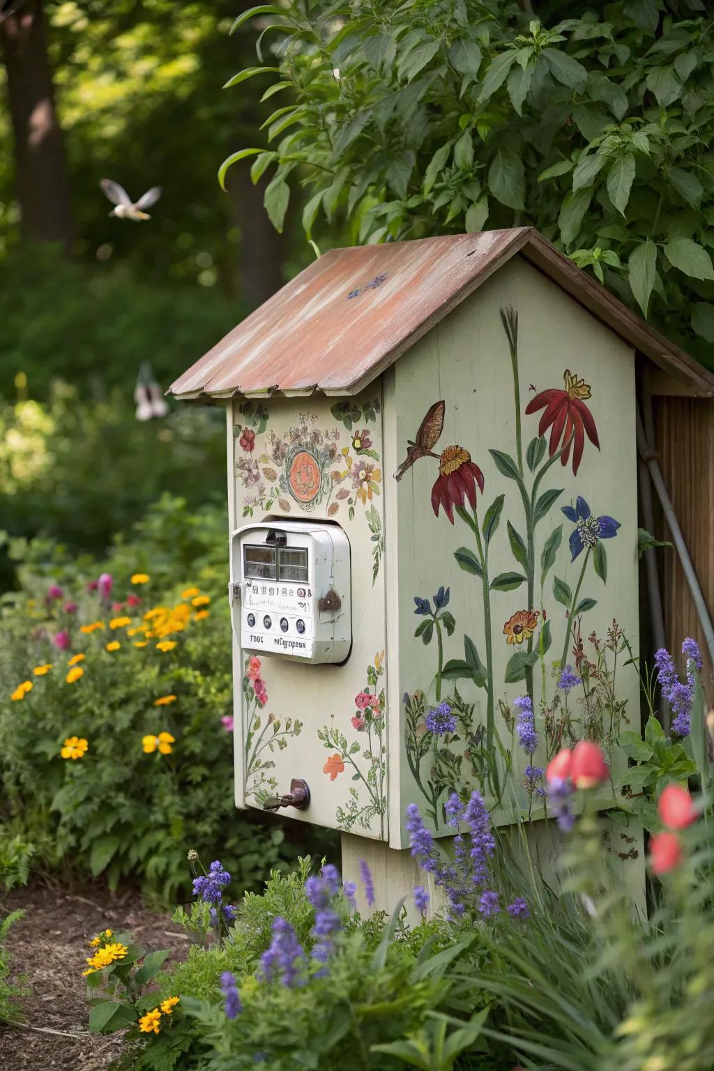 A whimsical birdhouse cover adds charm to any garden.