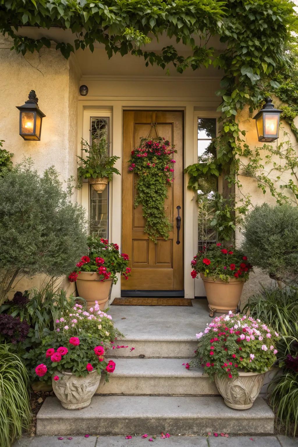 Potted plants bring color and life to any entryway, creating a welcoming atmosphere.