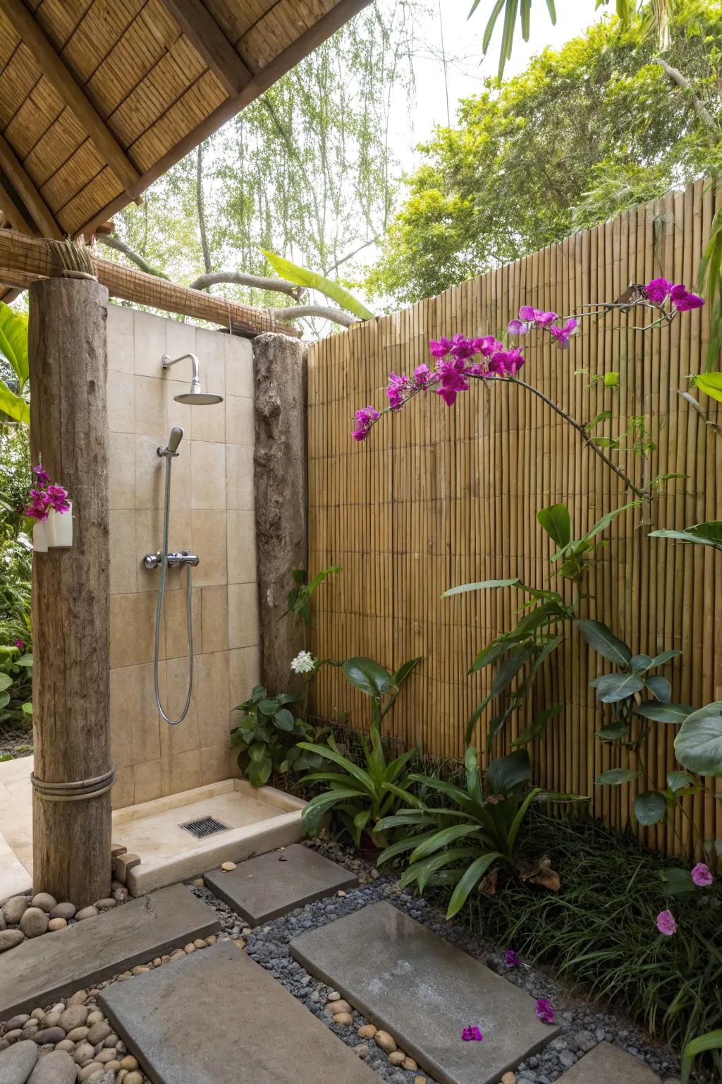 A tropical outdoor shower with bamboo walls and orchids.