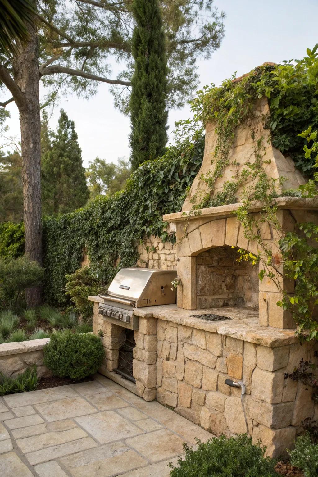 A built-in stone grill blends beautifully with garden walls for a seamless look.