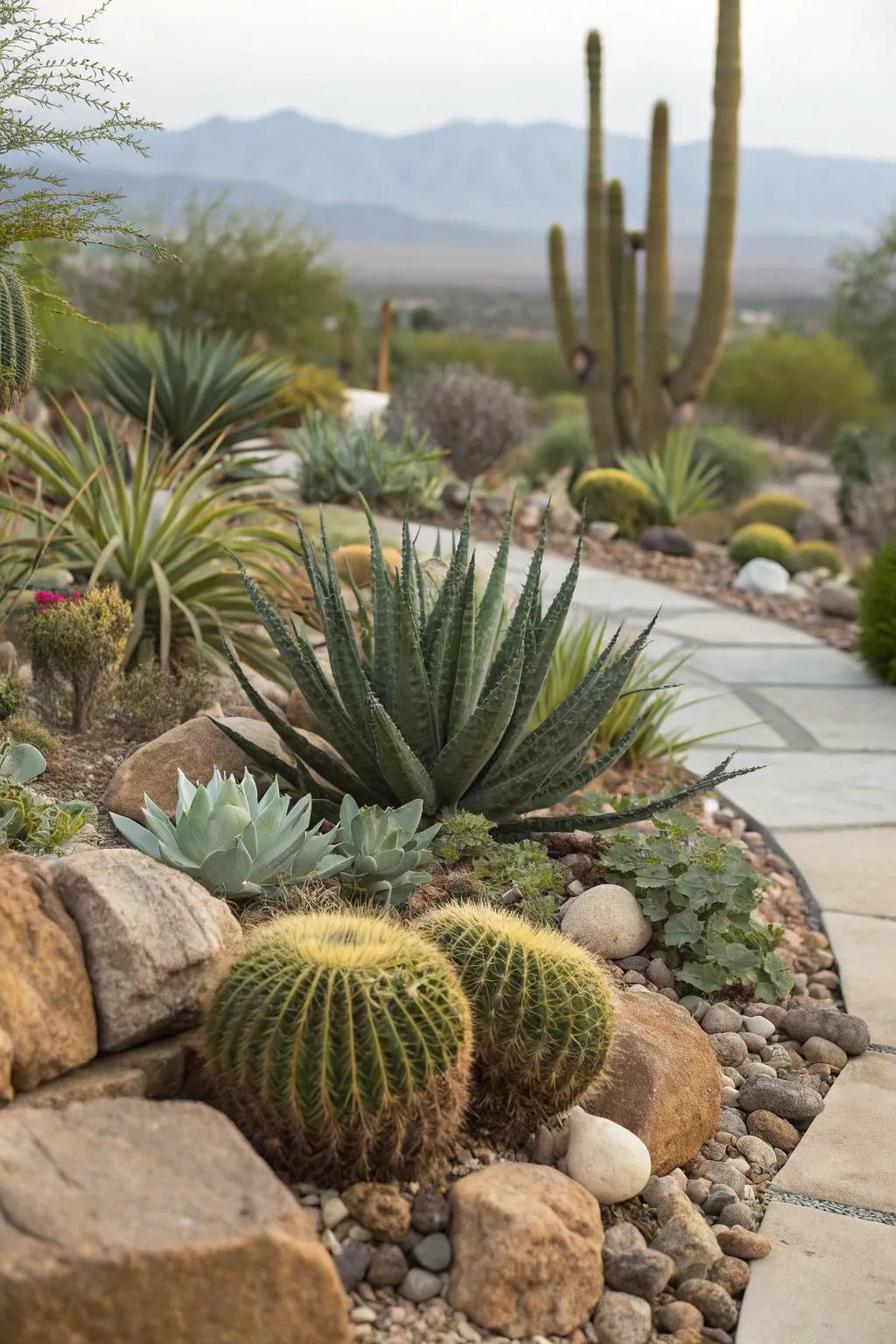 A blend of succulents and cacti offers both beauty and ease in maintenance.