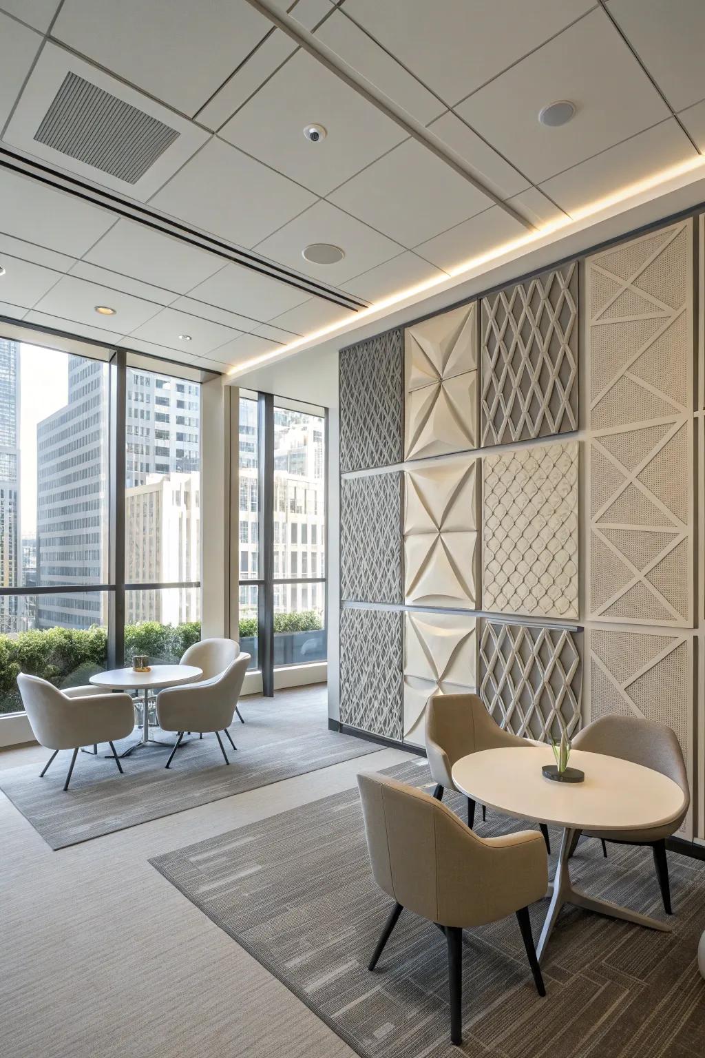 Modern office with geometric panel designs in neutral tones.