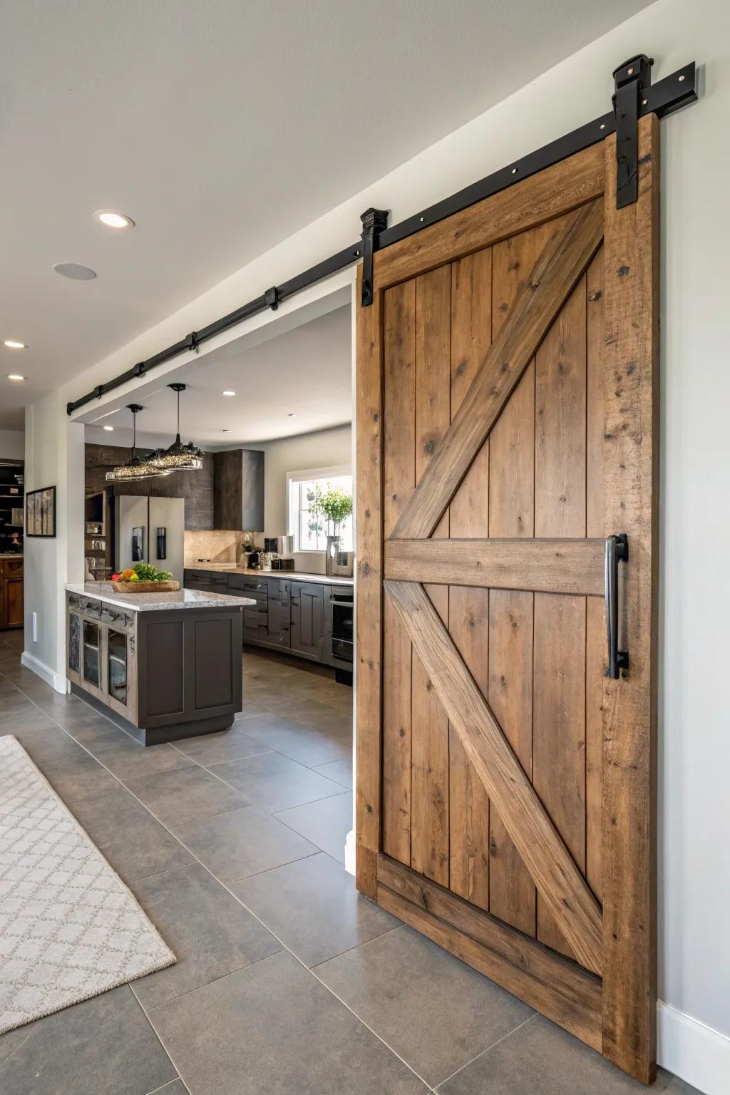 Barn doors bring rustic charm and functionality to any kitchen.