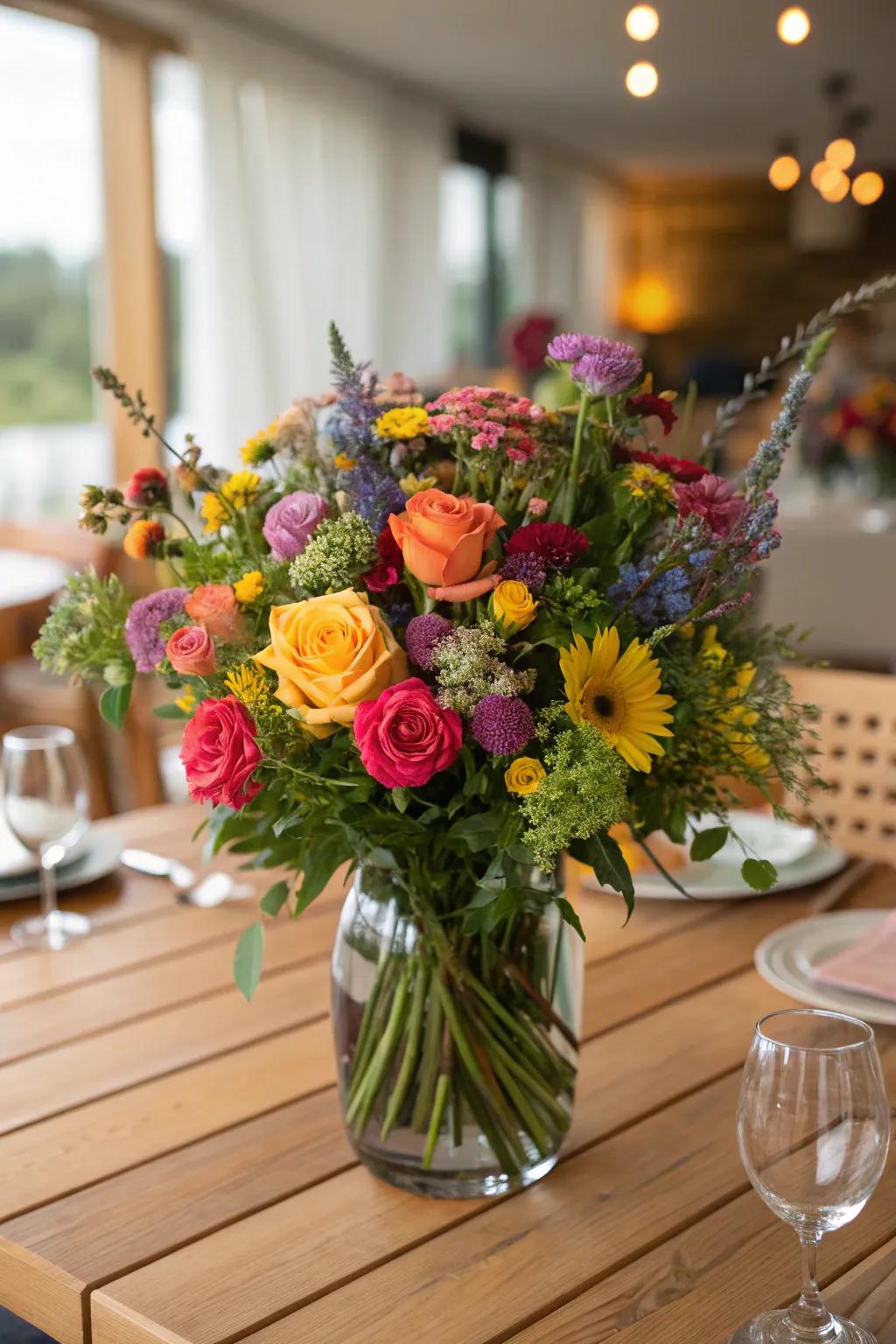 A vibrant floral arrangement as a party centerpiece.