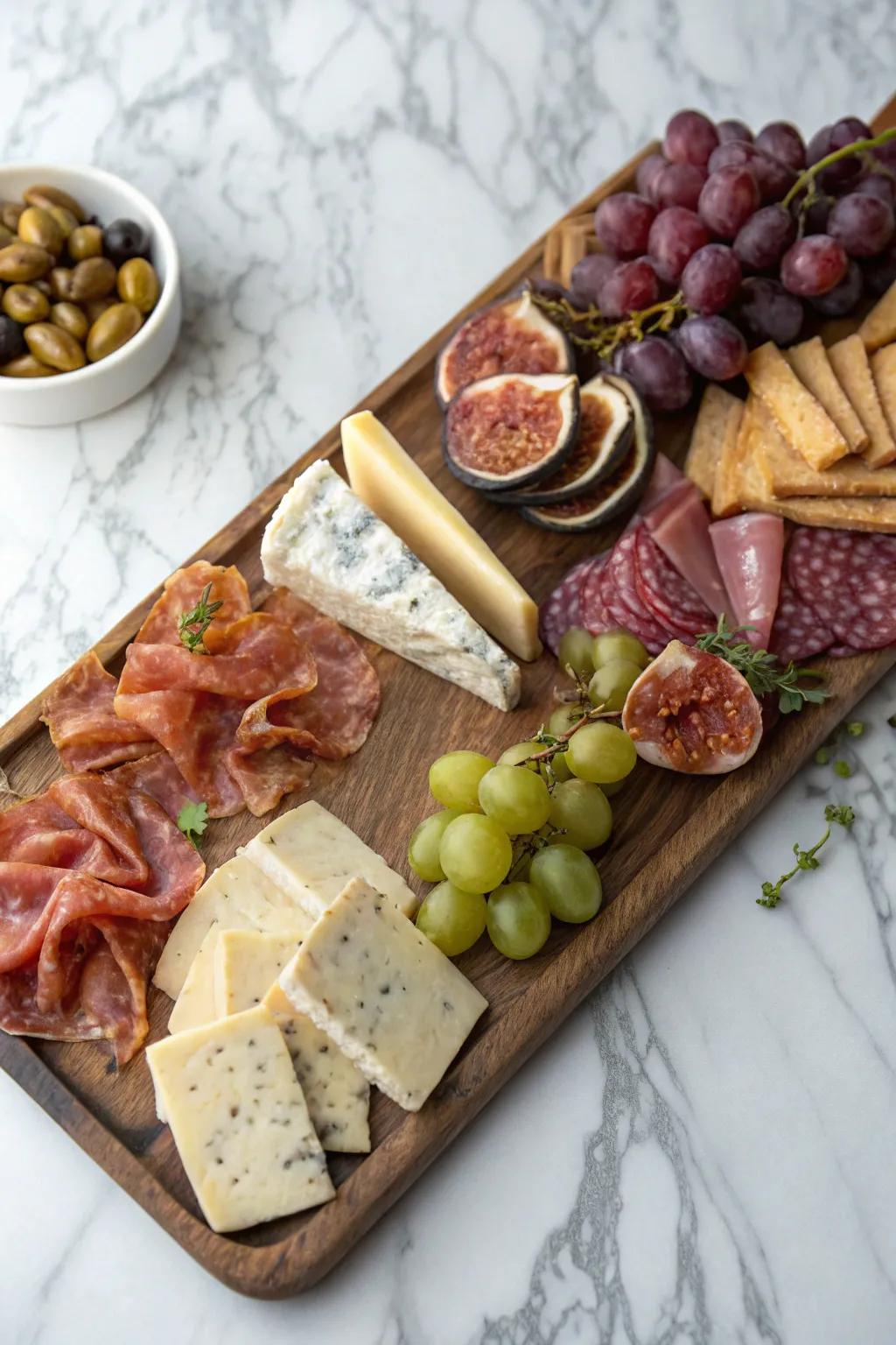 A classic cheese and charcuterie board brimming with gourmet delights.