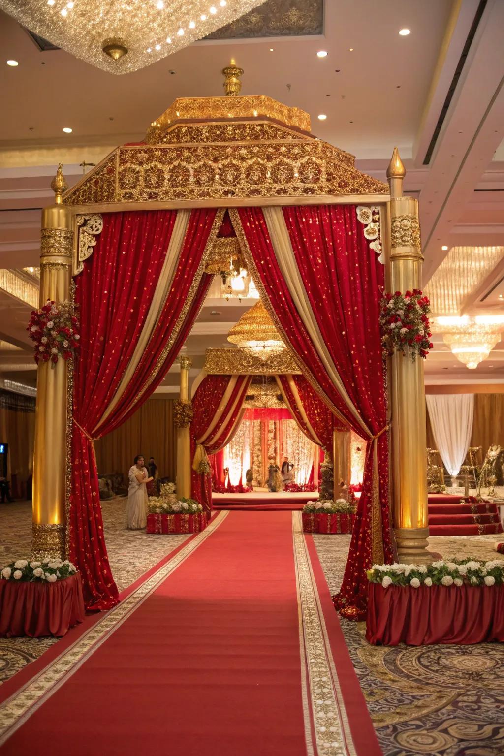 A pasni ceremony featuring a rich red and gold color theme.