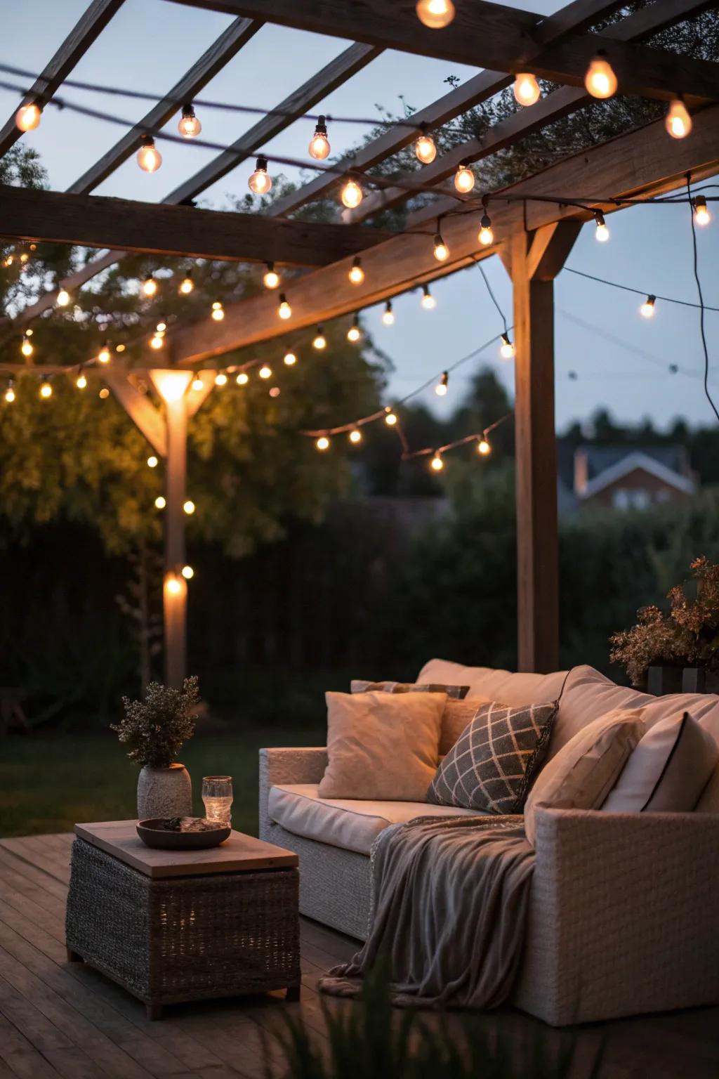 String lights create a starry sky effect over a cozy patio.