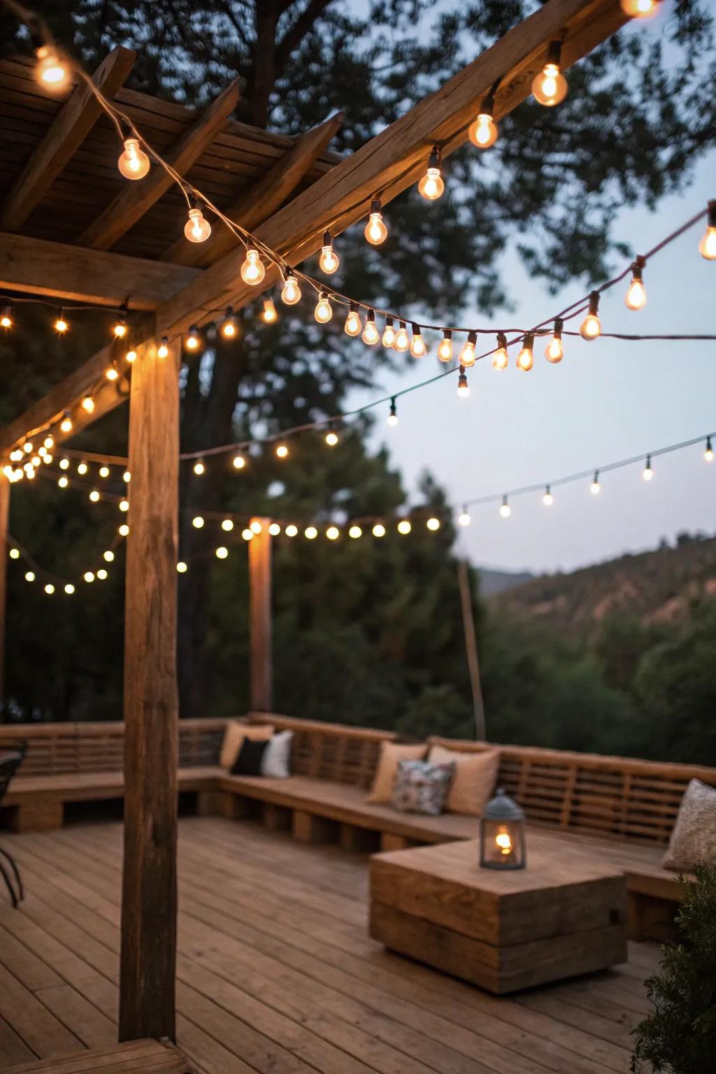 Classic string lights create a warm atmosphere for any patio.